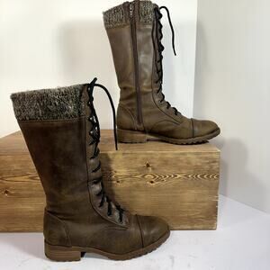 Granny Lace Up Prairie Boots Women 6.5 Brown Faux Leather Mid Calf Victorian VTG